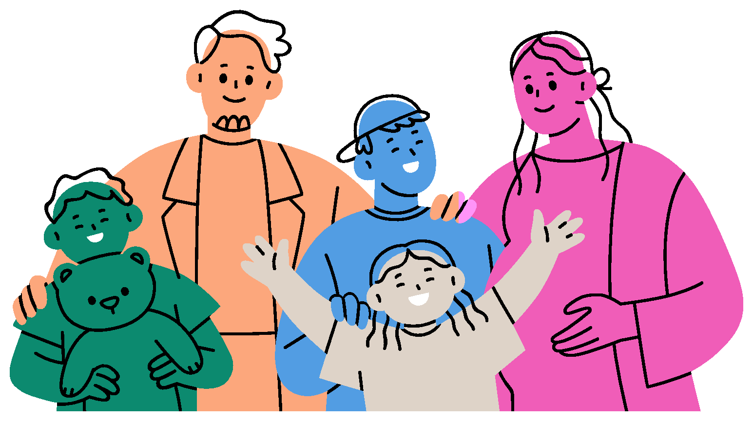An illustrated family of five, including two young children, smiling together