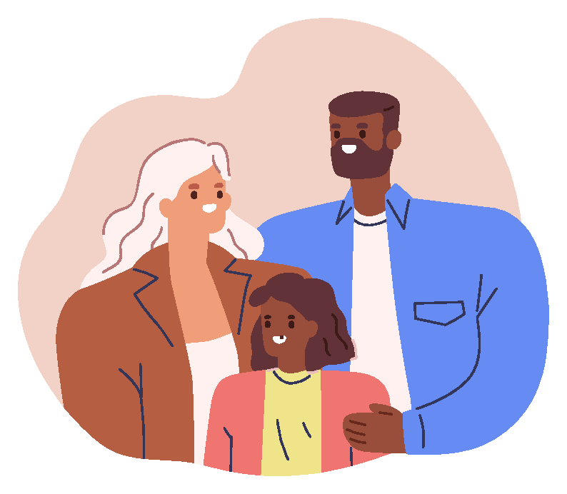 An illustrated family of three, a child standing between two adults