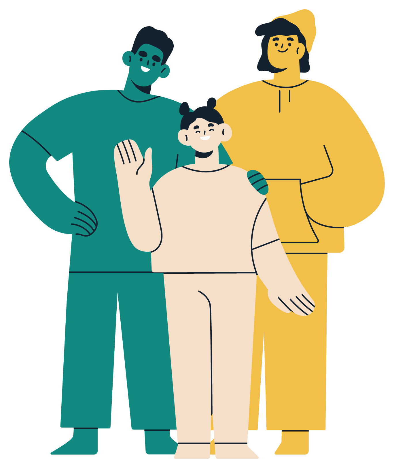 An illustrated group of two adults and a child standing together