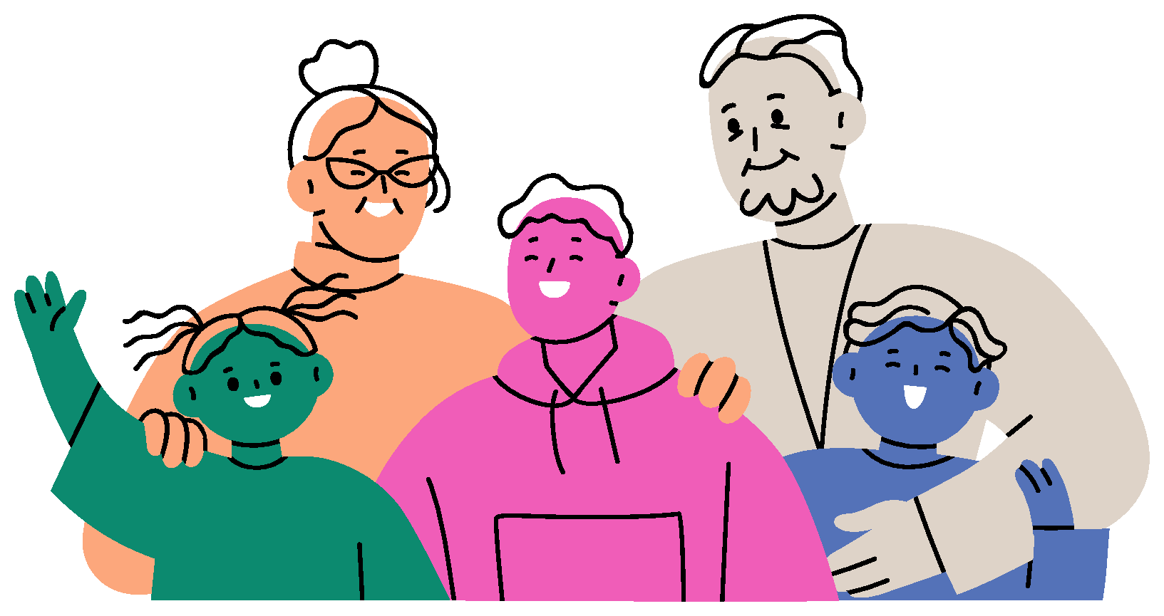 An illustrated family group of five, two older adults and three children, smiling together