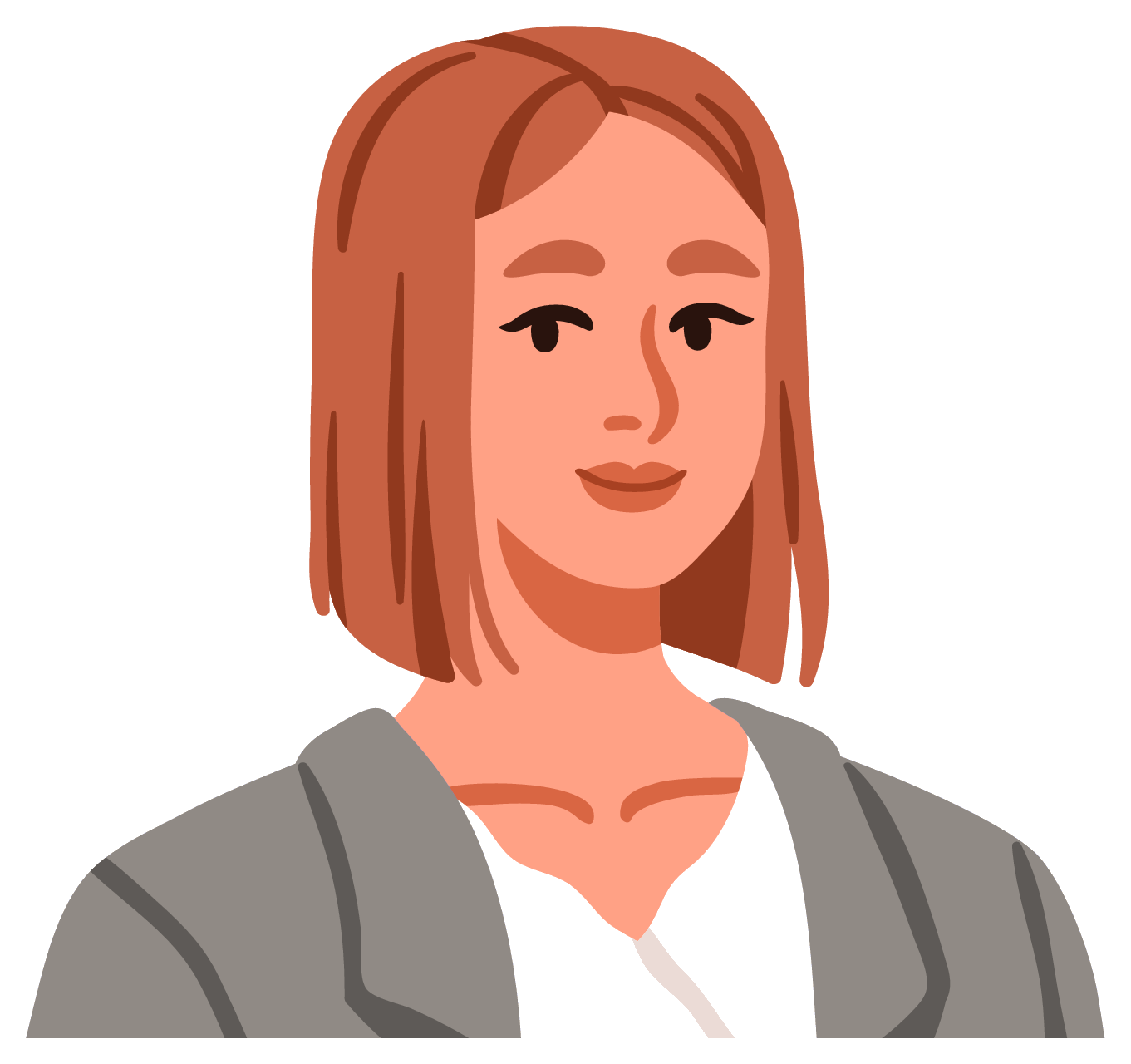 An illustrated portrait of a woman with auburn hair and a grey jacket